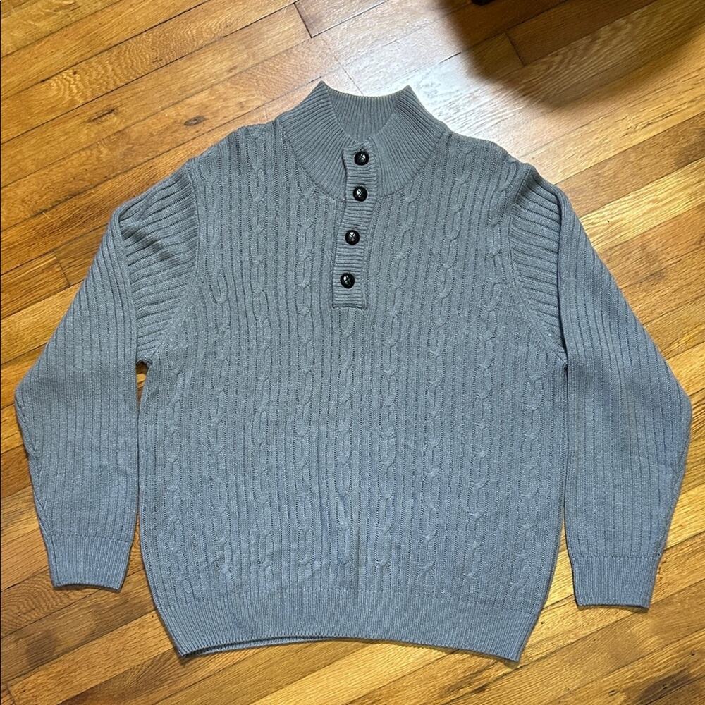John Blair Gray cable-knit Sweater - men’s Sz XLG - mock neck 4 button v-neck